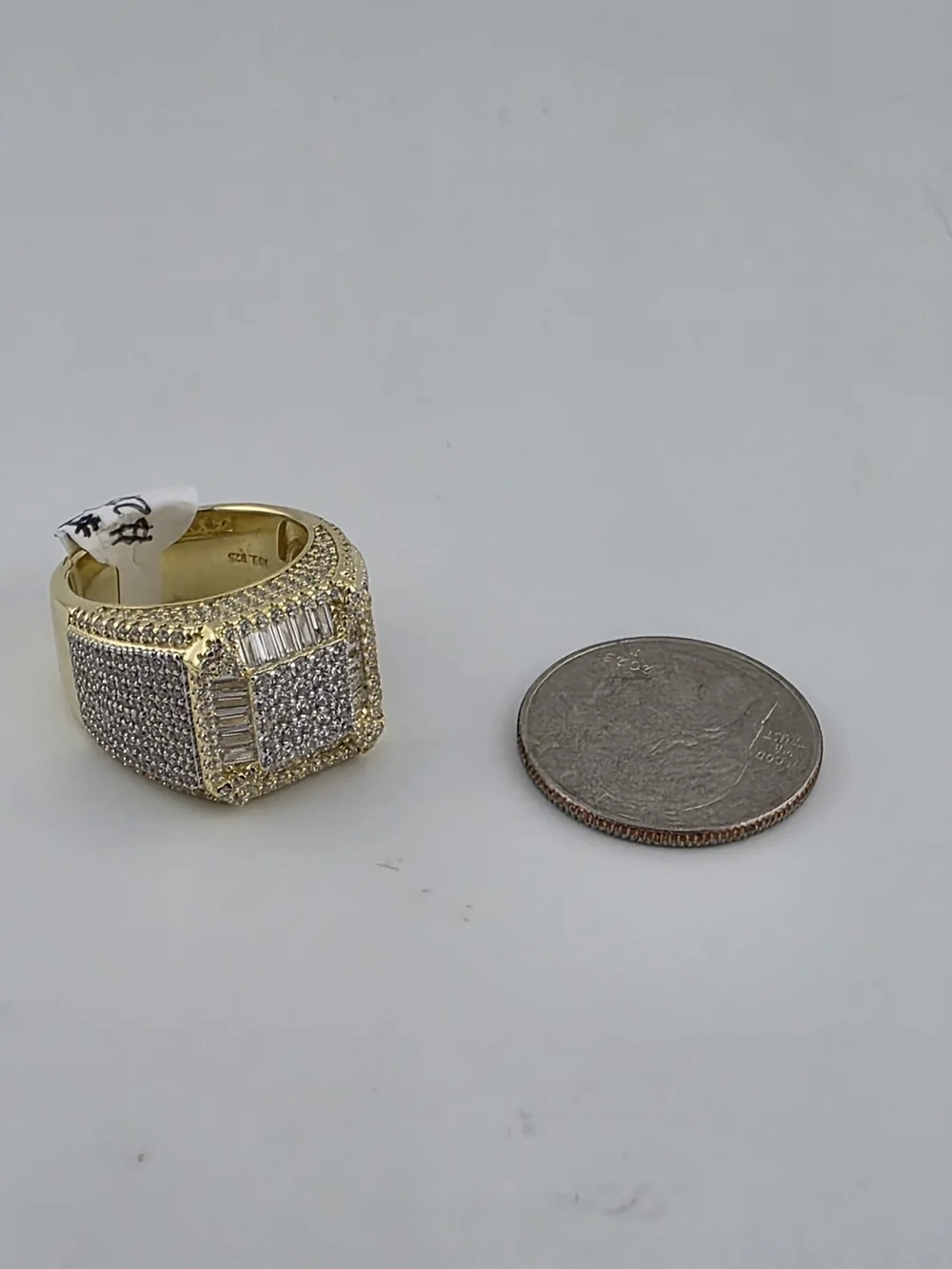 Sterling Silver 925 Gold-Tone Pave Square Statement Ring with Clear C.z Stones